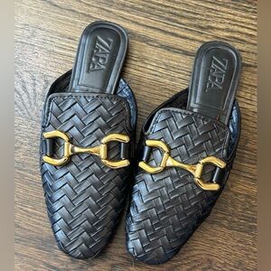 Zara Black Woven Slip-Ons with Gold Detail